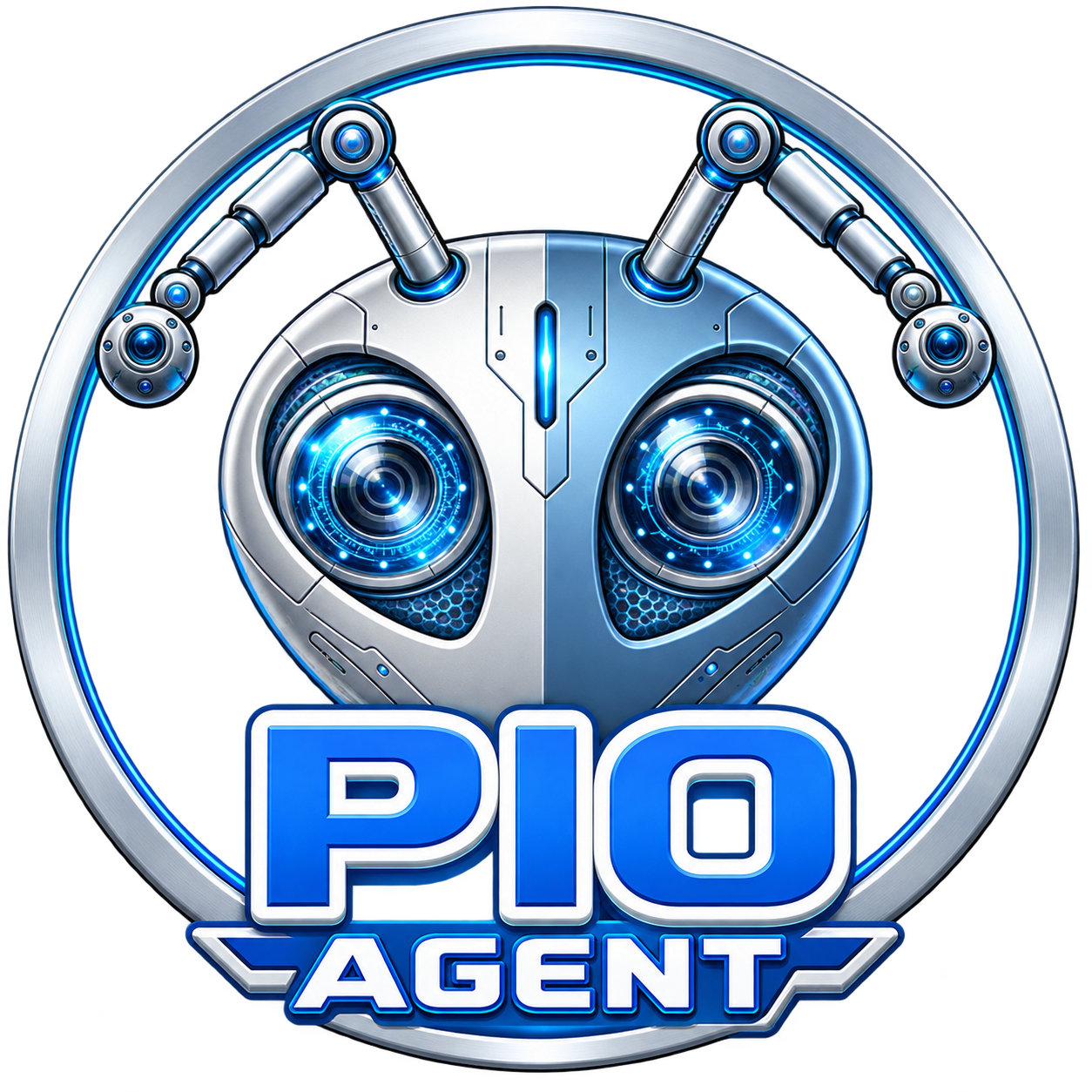 PIO Agent’s chrome robot mascot with glowing blue eyes